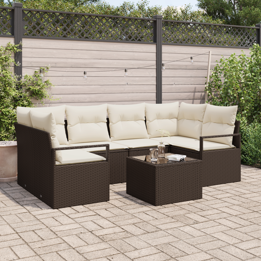 Havesofa Sæt 7 pcs Brun og Creme Polyrattan og stål og glas