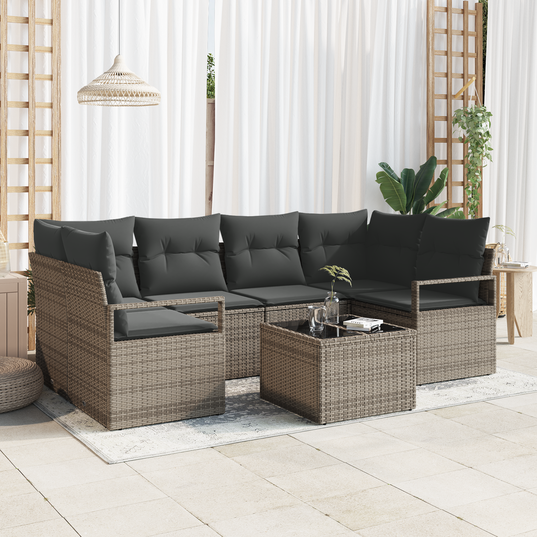 Havesofa Sæt med pude 7 pcs Grå Polyrattan og stål og glas