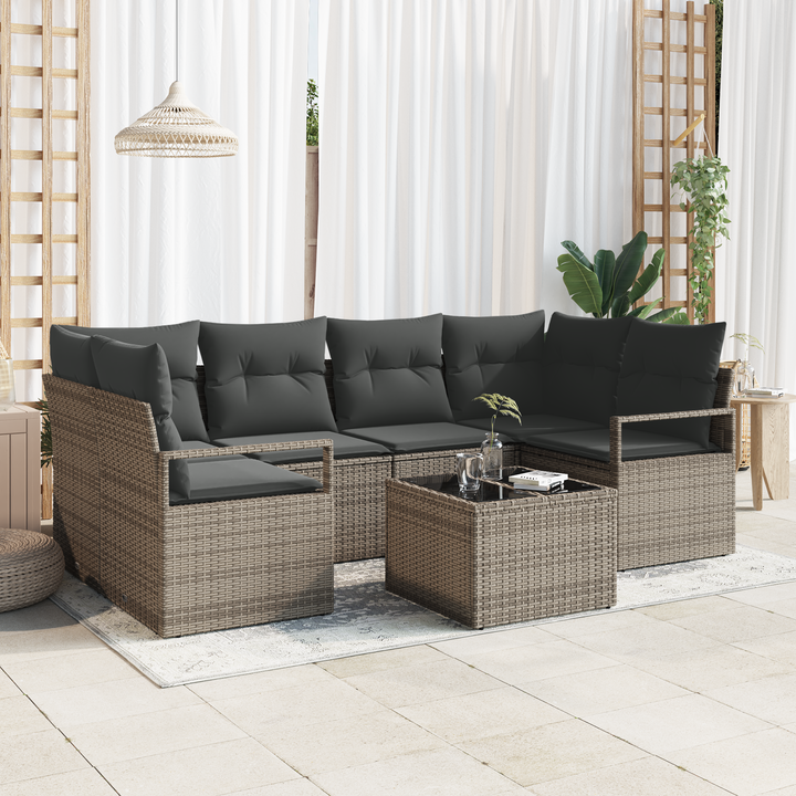 Havesofa Sæt med pude 7 pcs Grå Polyrattan og stål og glas
