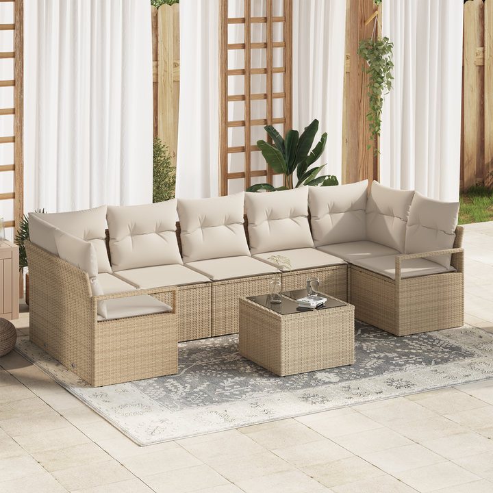 Havesofa Sæt 8 pcs Beige og creme Polyrattan og stål og glas