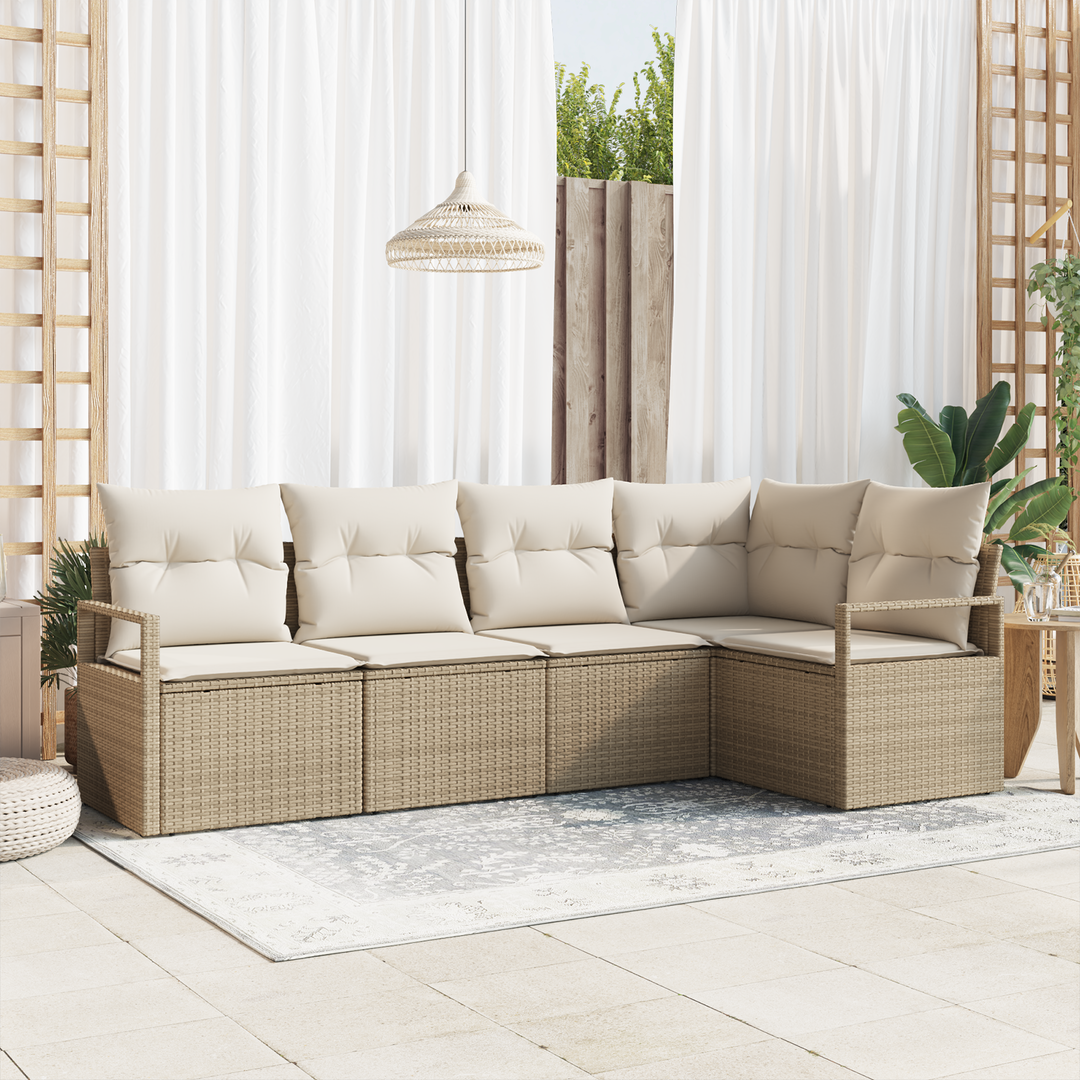 Havesofa Sæt med pude 5 pcs Beige og hvid polyrattan