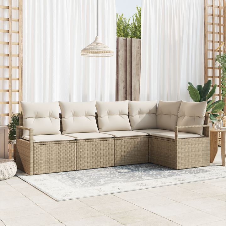 Havesofa Sæt med pude 5 pcs Beige og hvid polyrattan