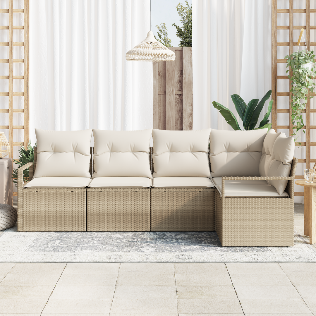 Havesofa Sæt med pude 5 pcs Beige og hvid polyrattan