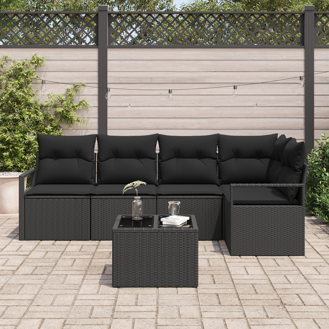 Havesofa Sæt med pude med opbevaring 6 pcs Sort polyrattan