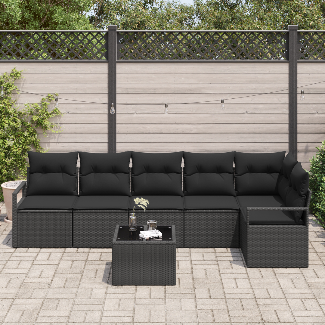 Havesofa Sæt med pude med opbevaring 7 pcs Sort polyrattan