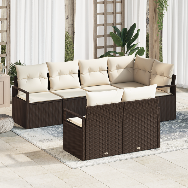 Havesofa Sæt med pude 7 pcs Brun og hvid polyrattan
