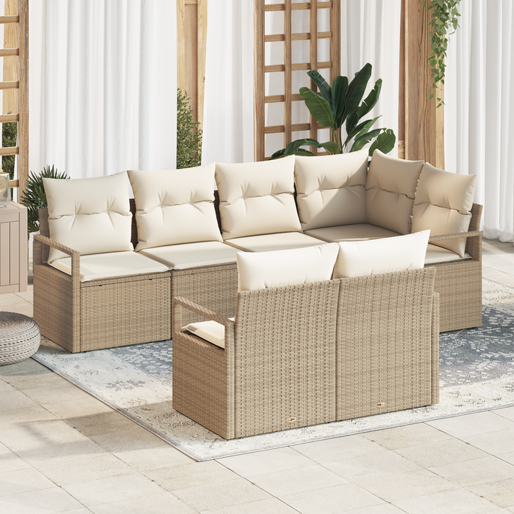 Havesofa Sæt med pude 7 pcs Beige og hvid polyrattan