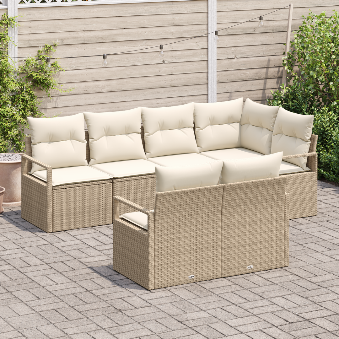 Havesofa Sæt med pude 7 pcs Beige og hvid polyrattan