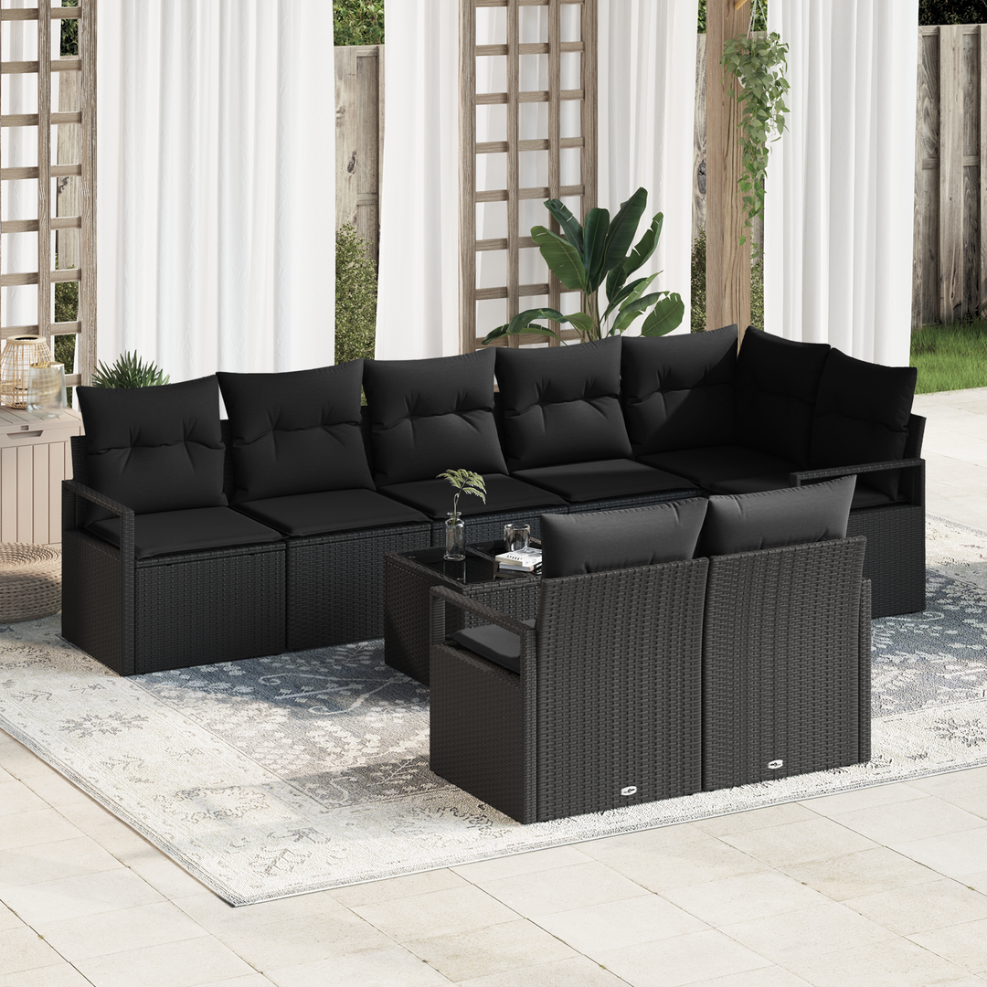 Havesofa Sæt med pude med opbevaring 9 pcs Sort polyrattan