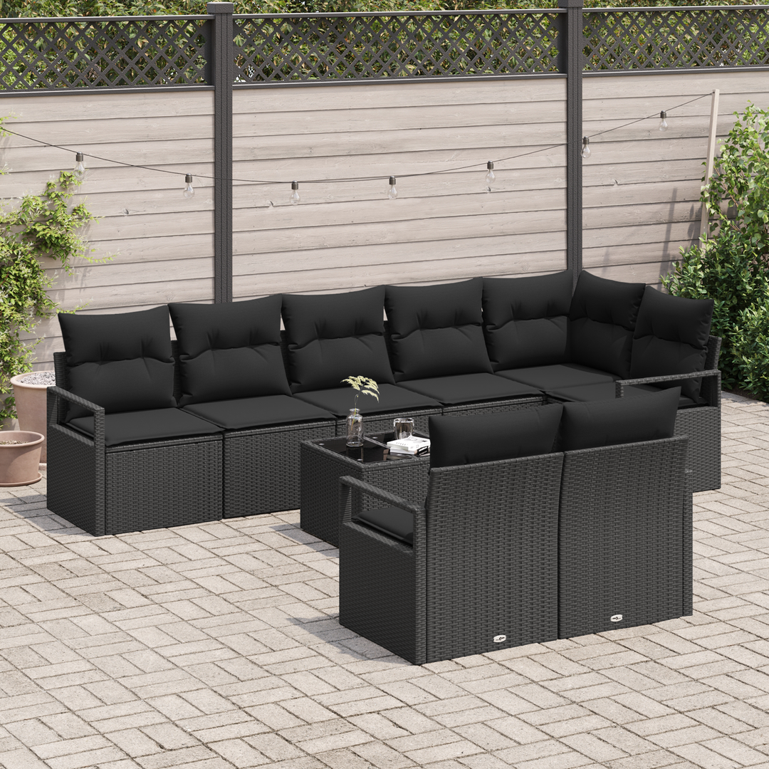 Havesofa Sæt med pude med opbevaring 9 pcs Sort polyrattan