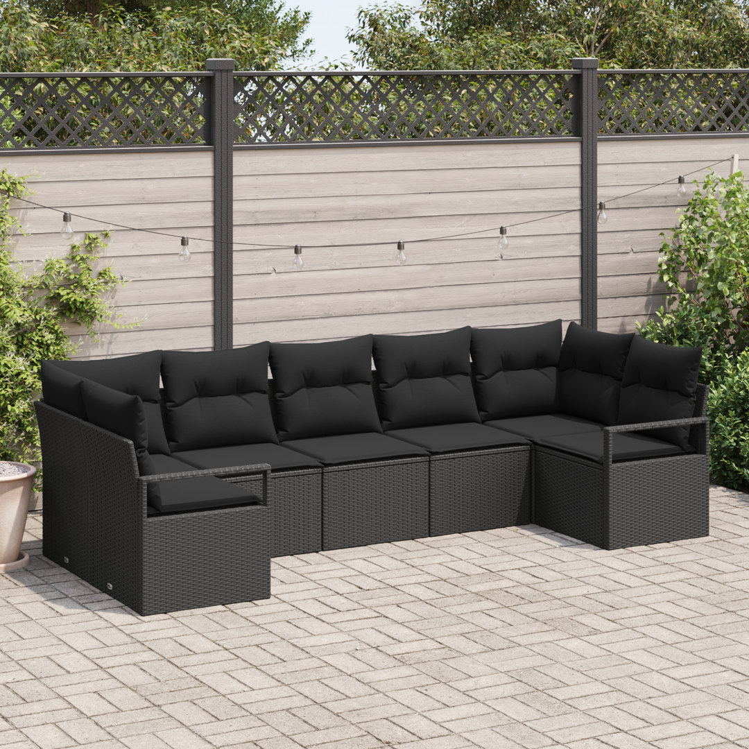 Havesofa Sæt med pude med opbevaring 7 pcs Sort polyrattan