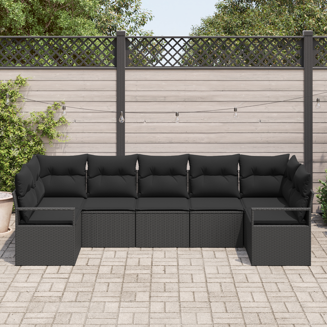 Havesofa Sæt med pude med opbevaring 7 pcs Sort polyrattan