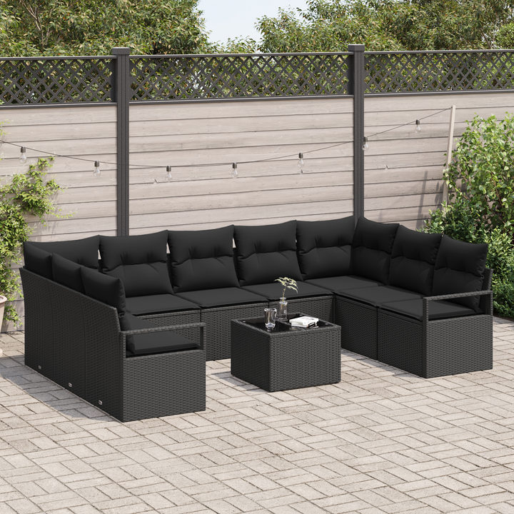 Havesofa Sæt med pude med opbevaring 10 pcs Sort polyrattan