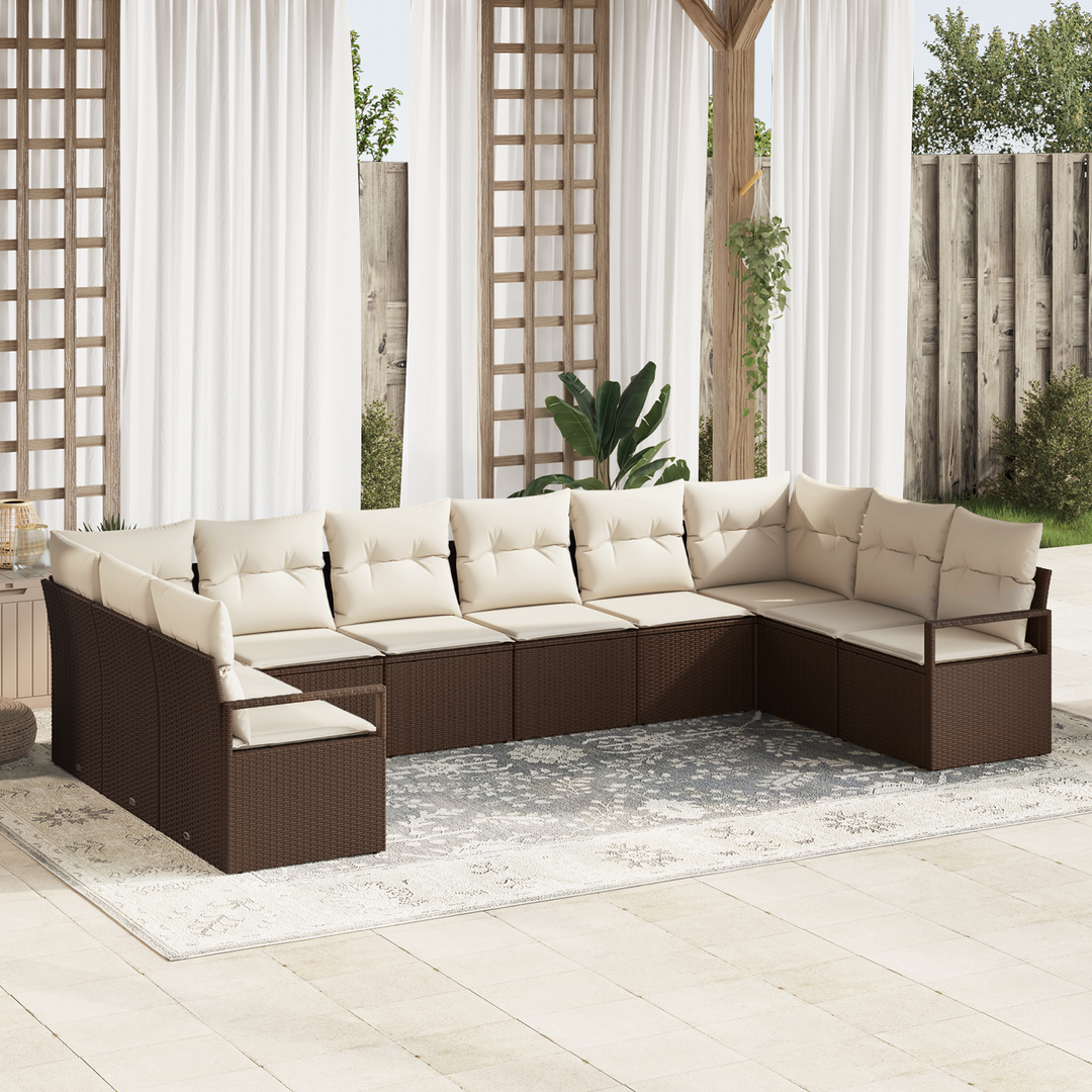Havesofa Sæt med pude 10 pcs Brun og hvid polyrattan
