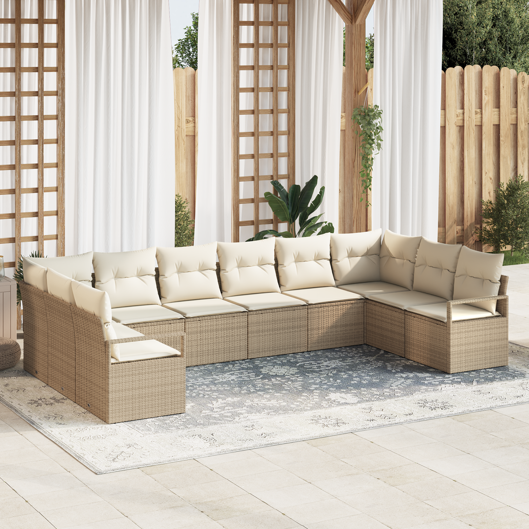 Havesofa Sæt med pude 10 pcs Beige og hvid polyrattan