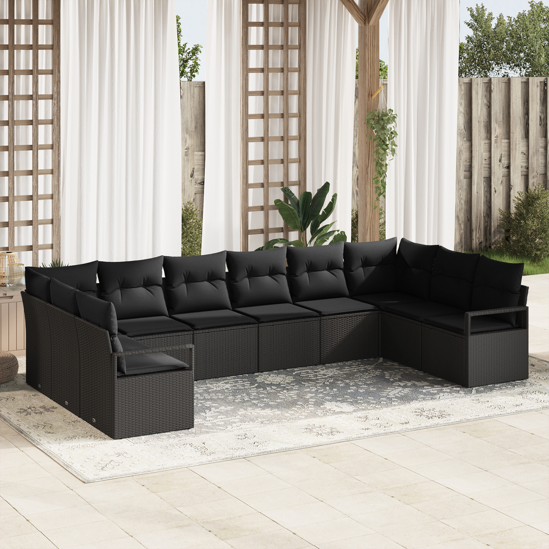 Havesofa Sæt med pude med opbevaring 10 pcs Sort polyrattan