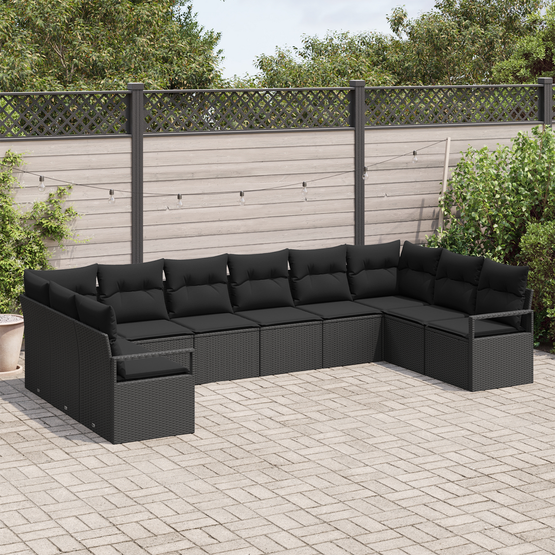 Havesofa Sæt med pude med opbevaring 10 pcs Sort polyrattan
