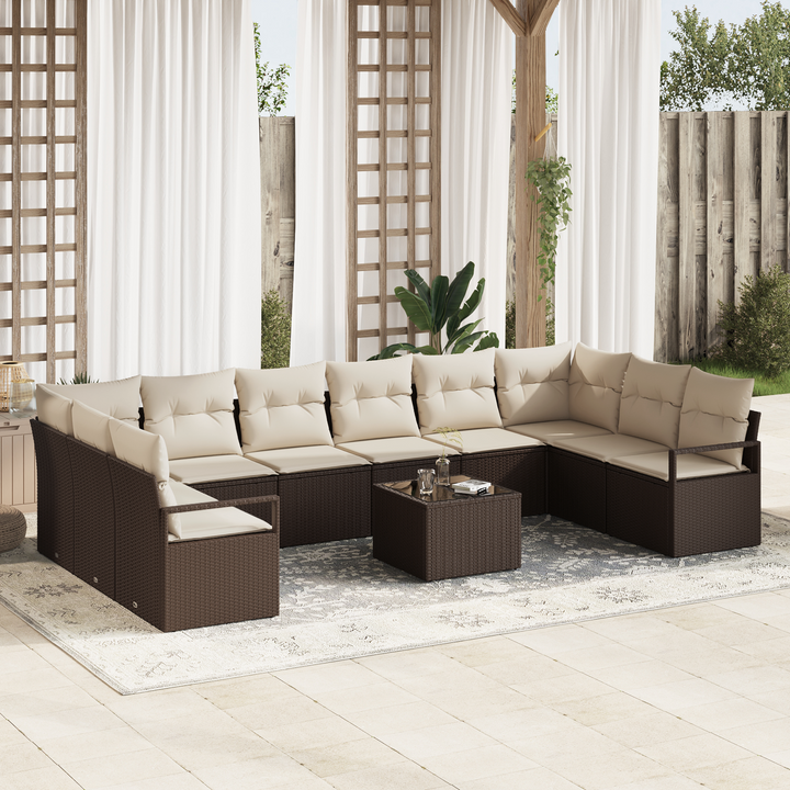 Havesofa Sæt med pude 11 pcs Brun og Creme polyrattan