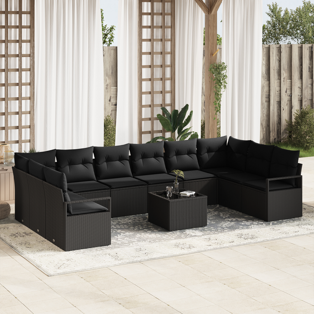 Havesofa Sæt med pude med opbevaring 11 pcs Sort polyrattan