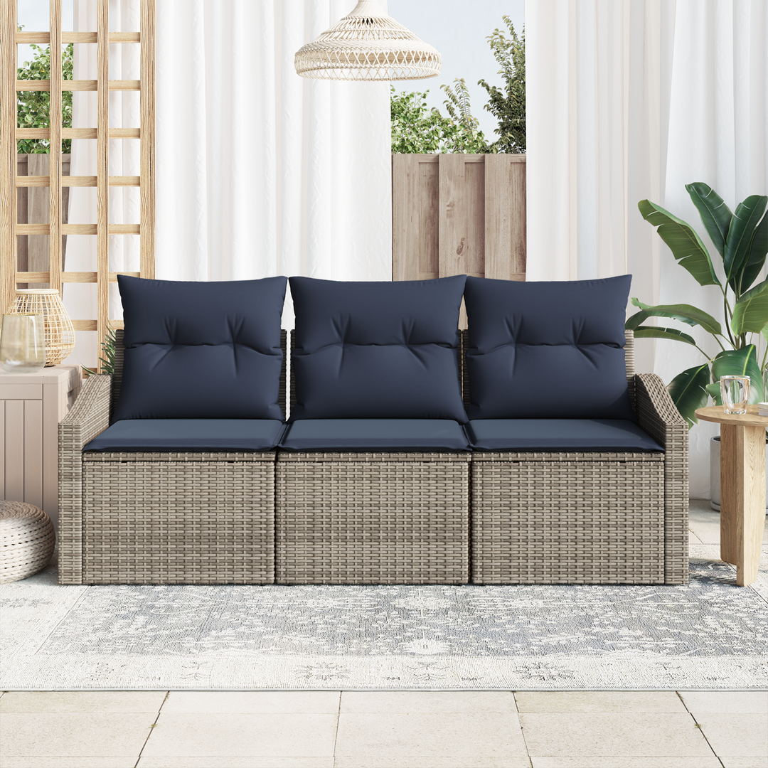 Havesofa Sæt med pude 3 pcs Grå og Marineblå polyrattan
