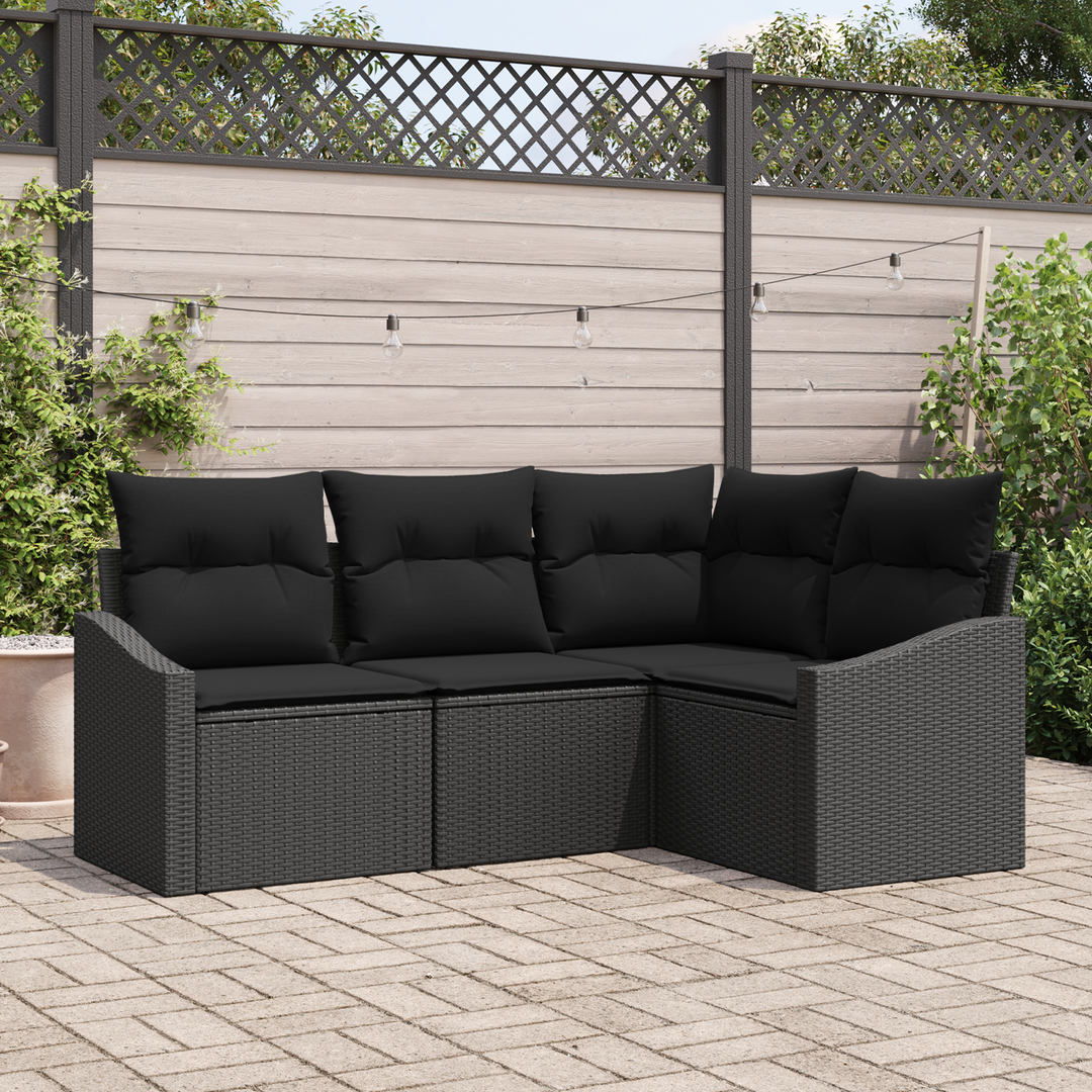 Havesofa Sæt med pude med opbevaring 4 pcs Sort polyrattan