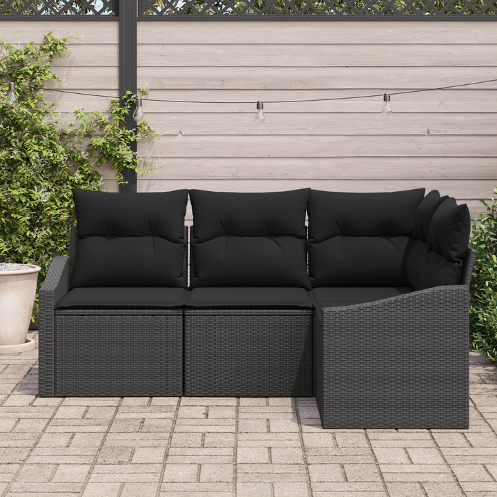 Havesofa Sæt med pude med opbevaring 4 pcs Sort polyrattan