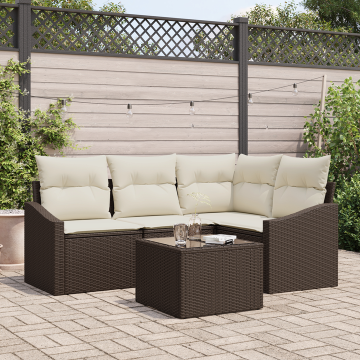 Havesofa Sæt med pude 5 pcs Brun og Creme polyrattan