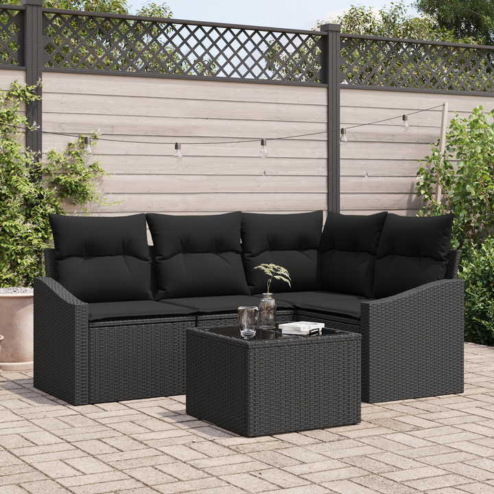 Havesofa Sæt med pude med opbevaring 5 pcs Sort polyrattan