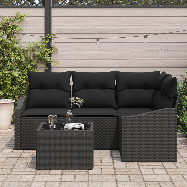 Havesofa Sæt med pude med opbevaring 5 pcs Sort polyrattan