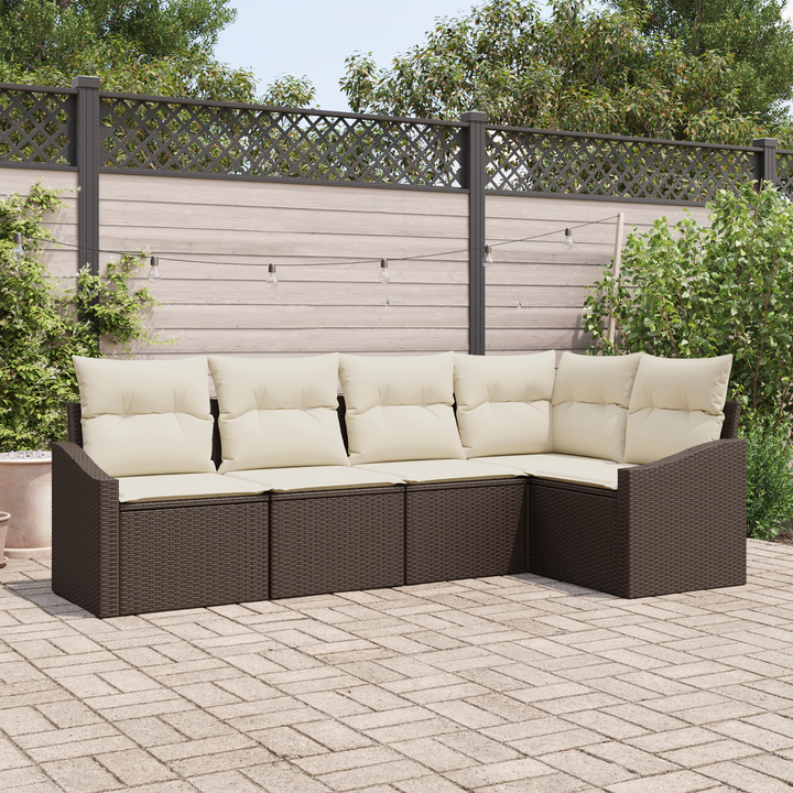 Havesofa Sæt med pude 5 pcs Brun og hvid polyrattan