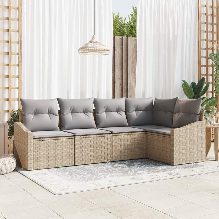 Havesofa Sæt med pude 5 pcs Beige og lys grå polyrattan