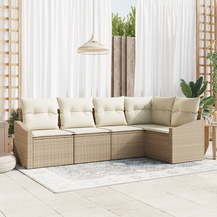Havesofa Sæt med pude 5 pcs Beige og hvid polyrattan