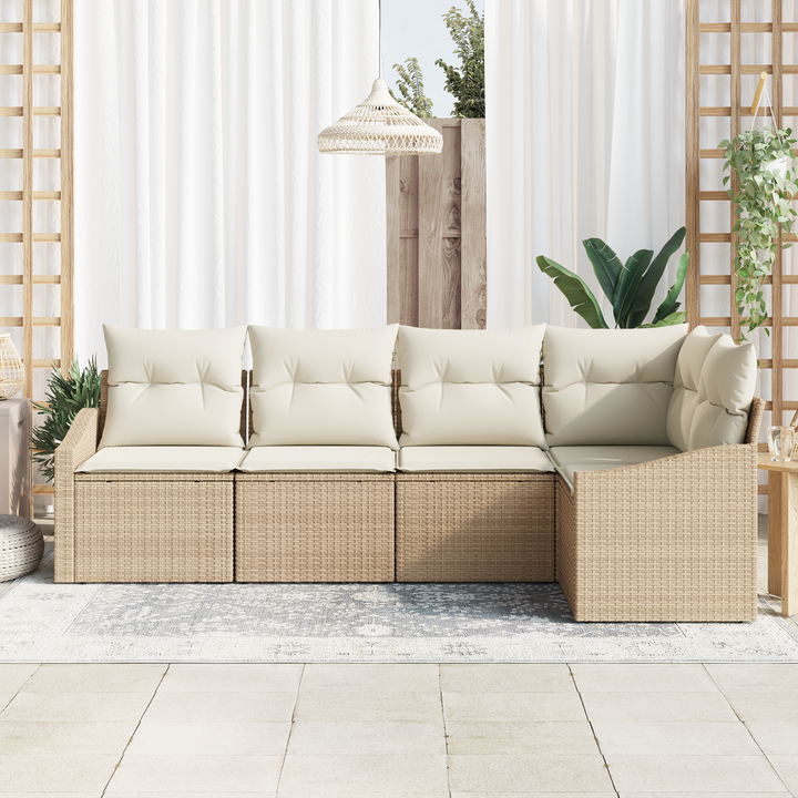 Havesofa Sæt med pude 5 pcs Beige og hvid polyrattan