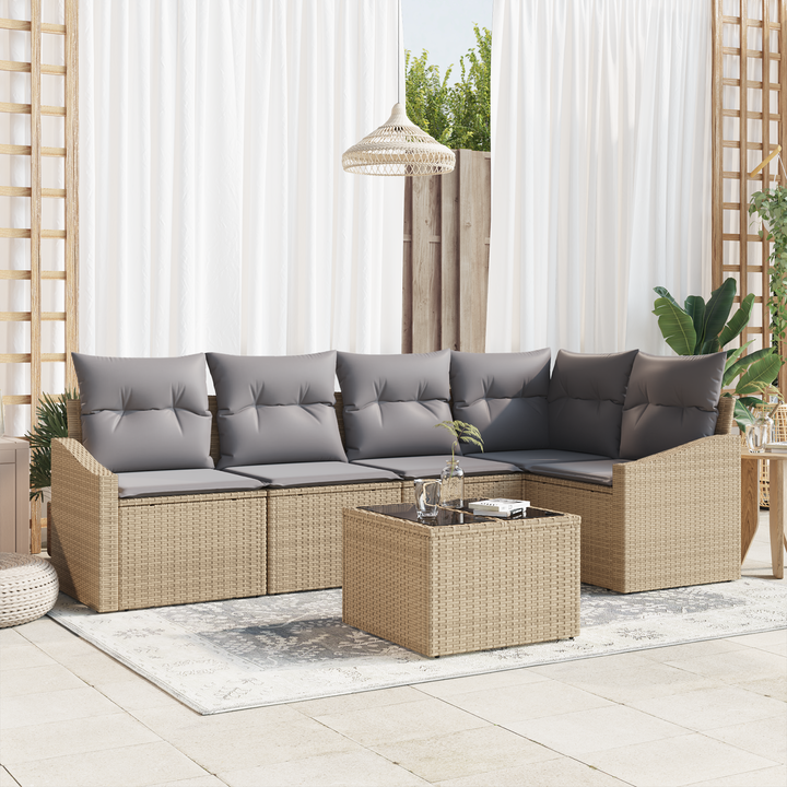 Havesofa Sæt med pude 6 pcs Beige og lys grå polyrattan
