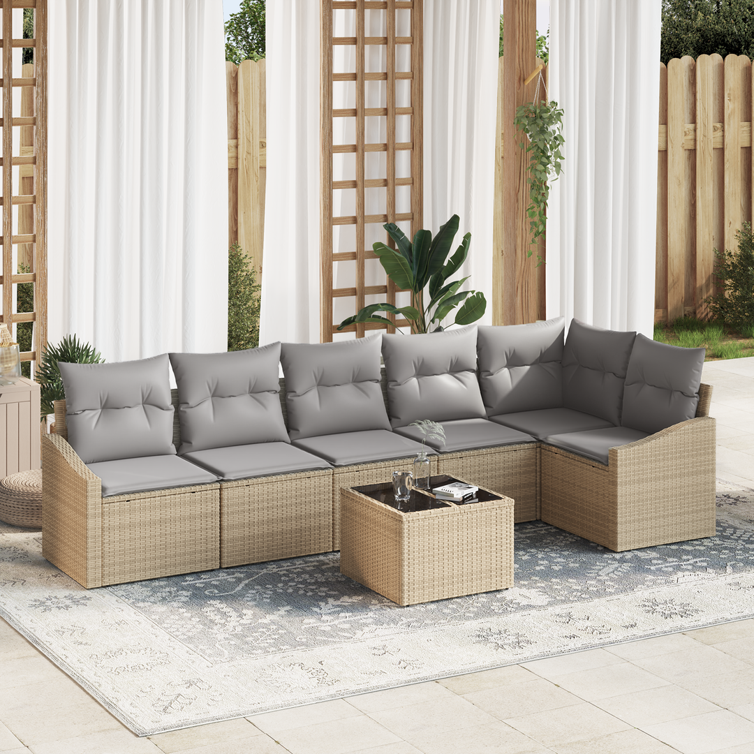 Havesofa Sæt med pude 7 pcs Beige og lys grå polyrattan