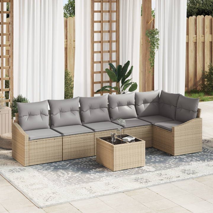 Havesofa Sæt med pude 7 pcs Beige og lys grå polyrattan