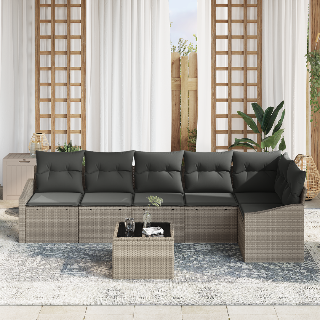 Havesofa Sæt med pude med opbevaring 7 pcs Lysegrå polyrattan