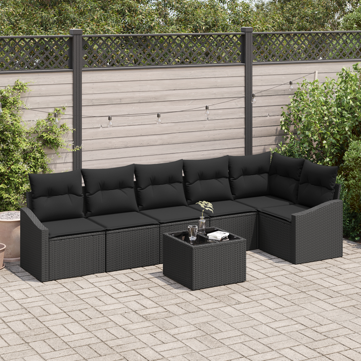 Havesofa Sæt med pude med opbevaring 7 pcs Sort polyrattan