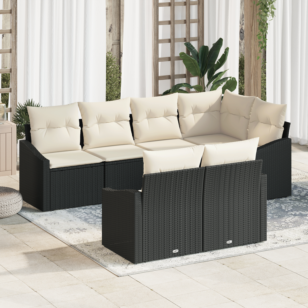 Havesofa Sæt med pude 7 pcs Sort og Hvid polyrattan