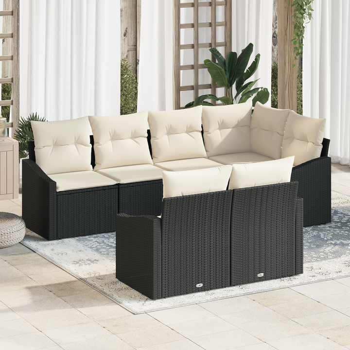 Havesofa Sæt med pude 7 pcs Sort og Hvid polyrattan