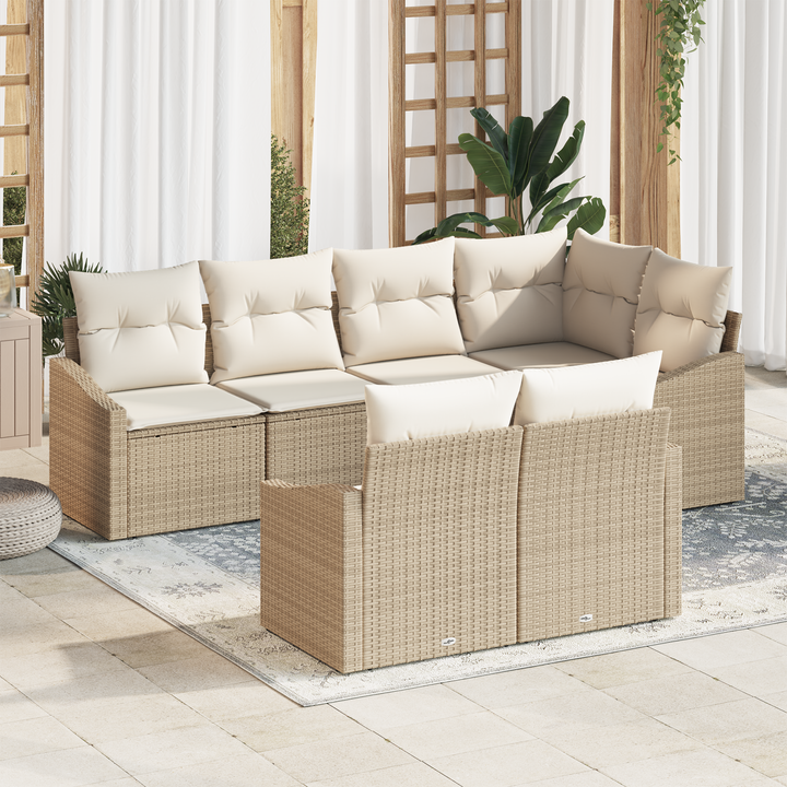Havesofa Sæt med pude 7 pcs Beige og hvid polyrattan