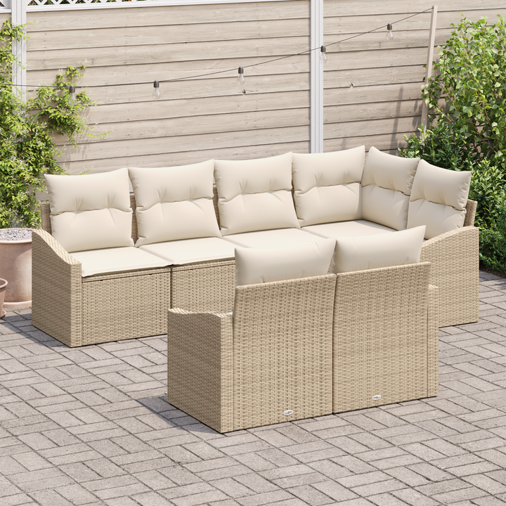 Havesofa Sæt med pude 7 pcs Beige og hvid polyrattan
