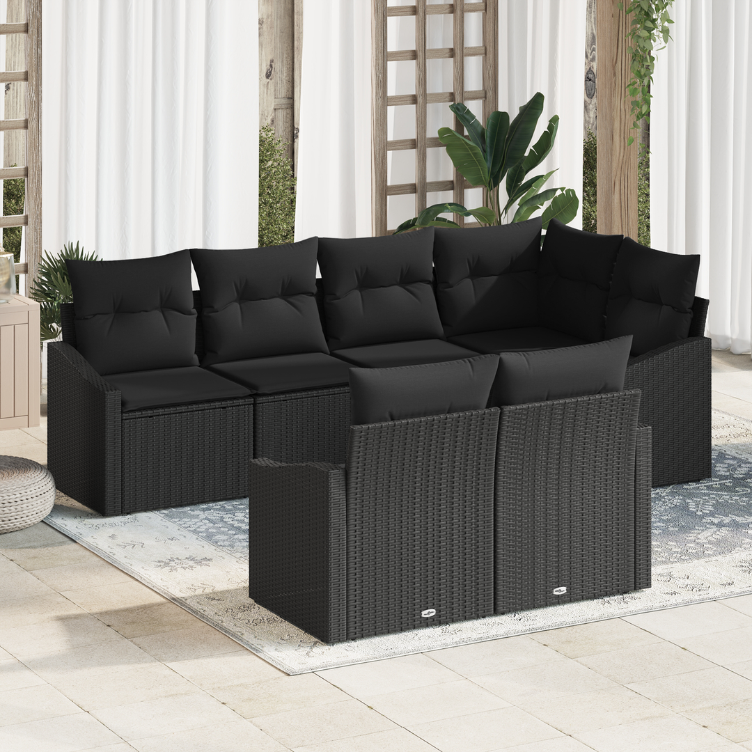 Havesofa Sæt med pude med opbevaring 7 pcs Sort polyrattan