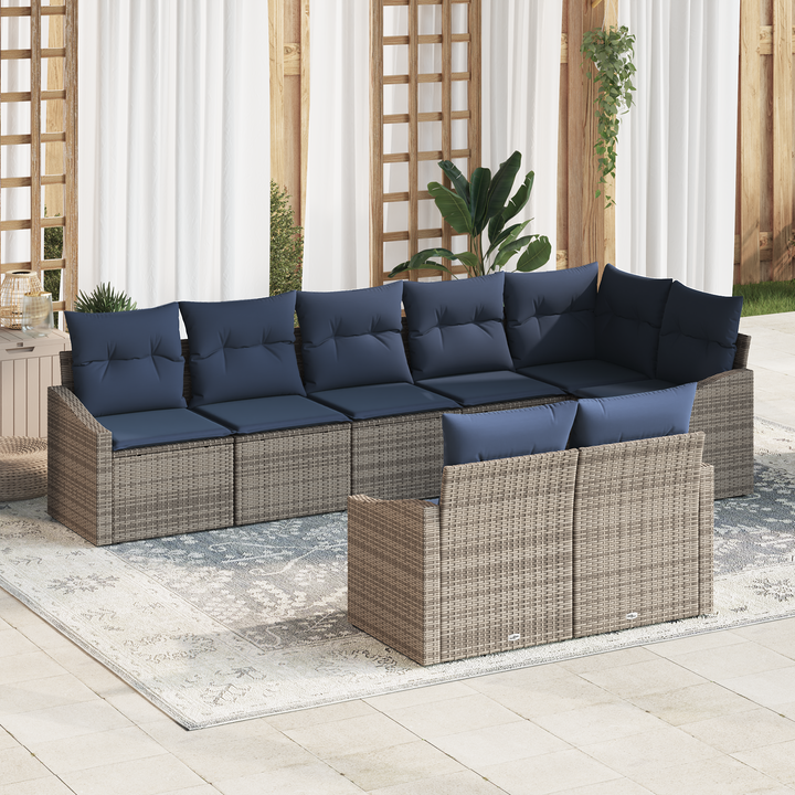 Havesofa Sæt med pude 8 pcs Grå og Marineblå polyrattan