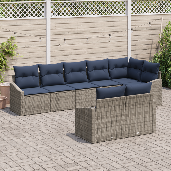Havesofa Sæt med pude 8 pcs Grå og Marineblå polyrattan