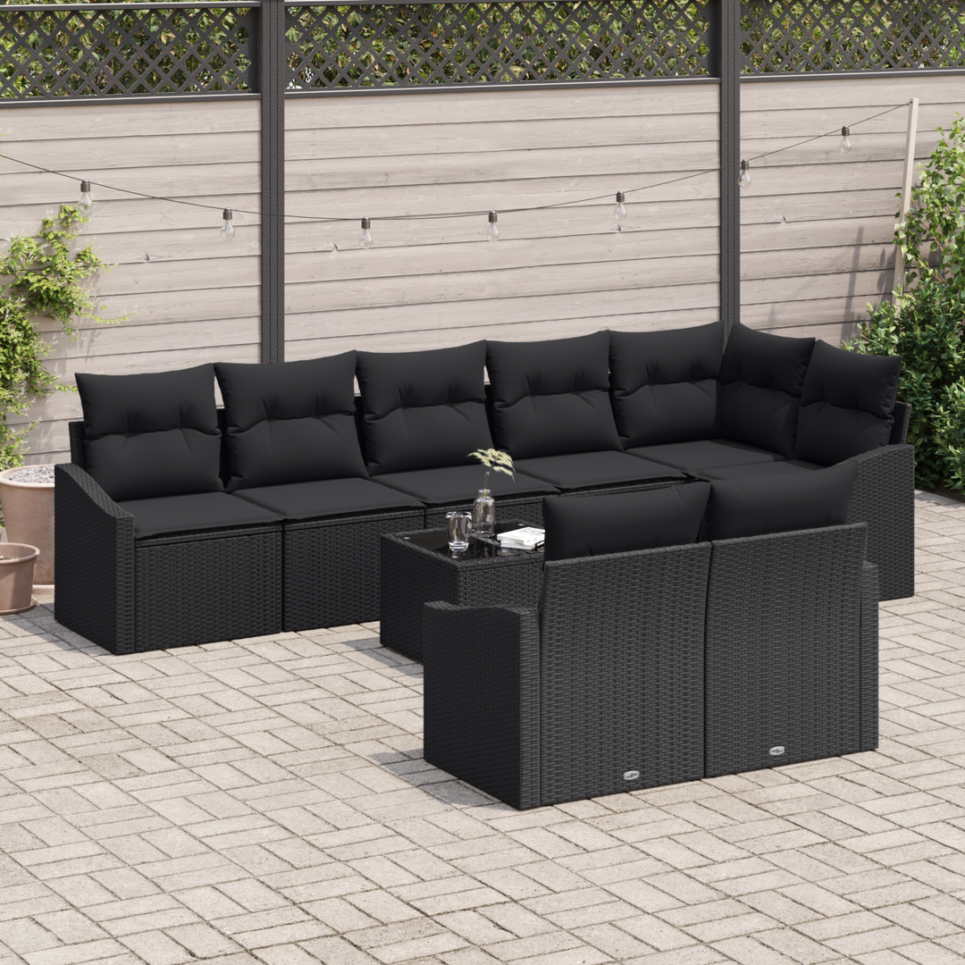 Havesofa Sæt med pude med opbevaring 9 pcs Sort polyrattan