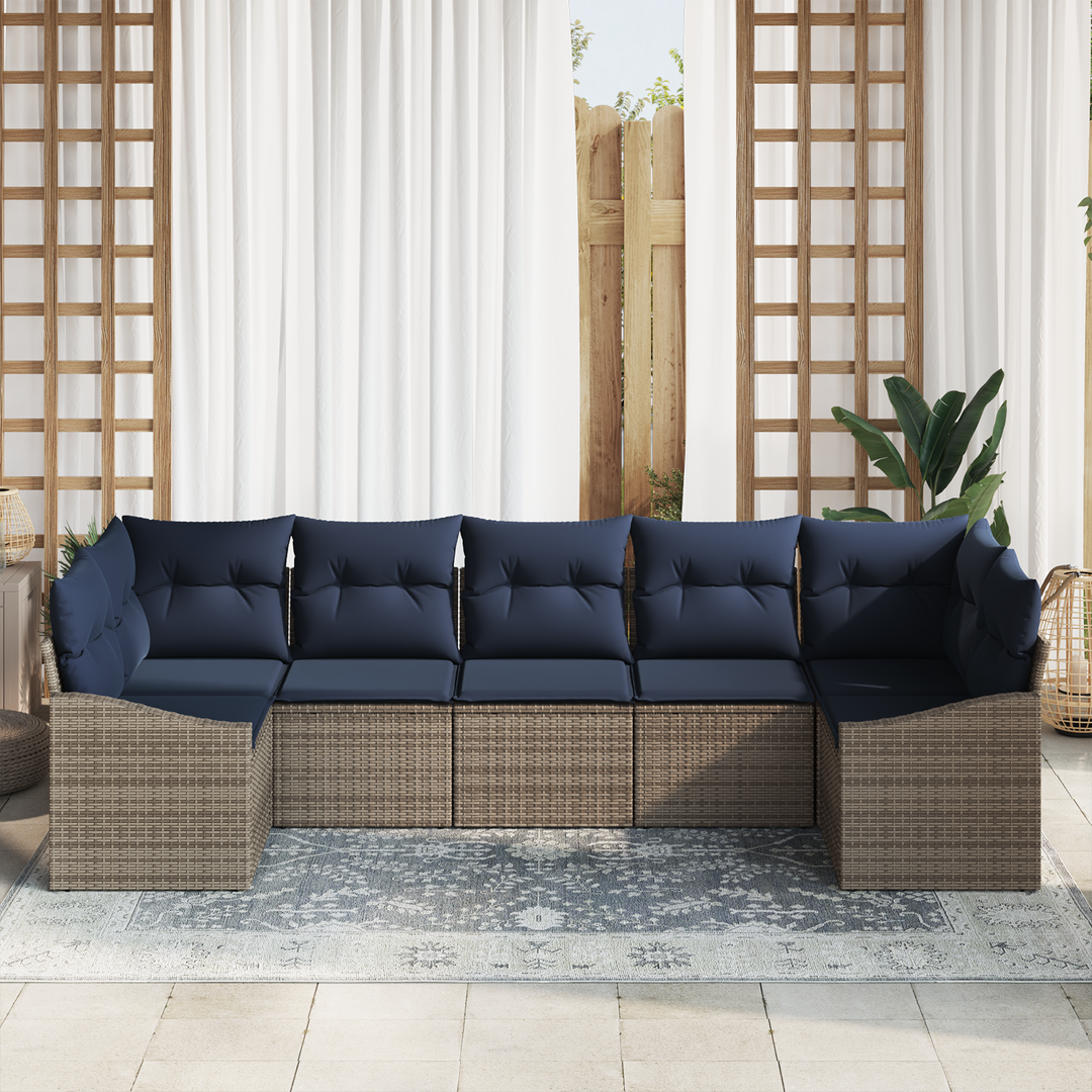 Havesofa Sæt med opbevaring 7 pcs Grå og Marineblå polyrattan