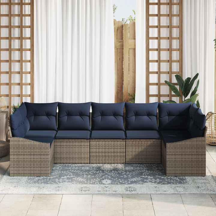 Havesofa Sæt med opbevaring 7 pcs Grå og Marineblå polyrattan