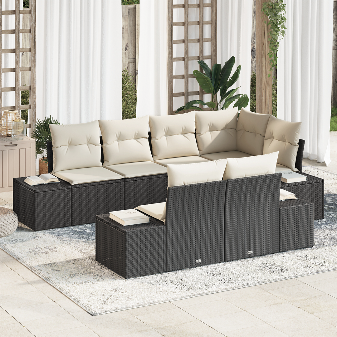 Havesofa Sæt med opbevaring 7 pcs Sort og Cream polyrattan