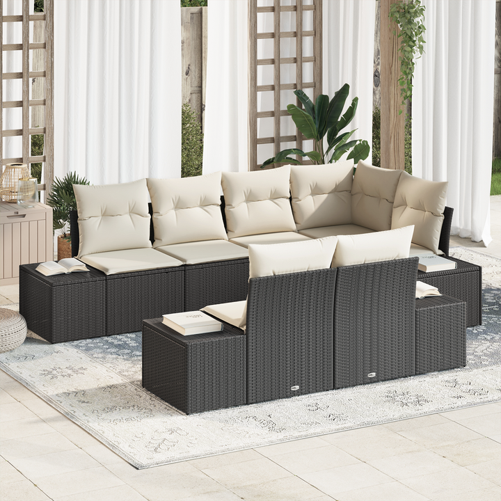 Havesofa Sæt med opbevaring 7 pcs Sort og Cream polyrattan